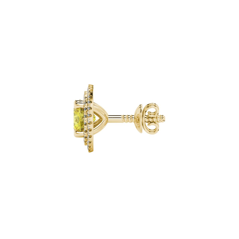 Side angle of yellow gold canary yellow gemstone stud earrings displaying the falling edge halo.