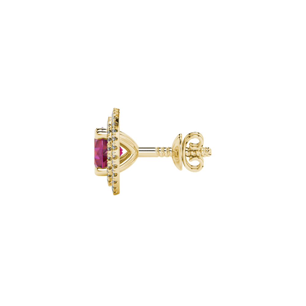 Side view of yellow gold raspberry red gemstone stud earrings with a detailed falling edge halo