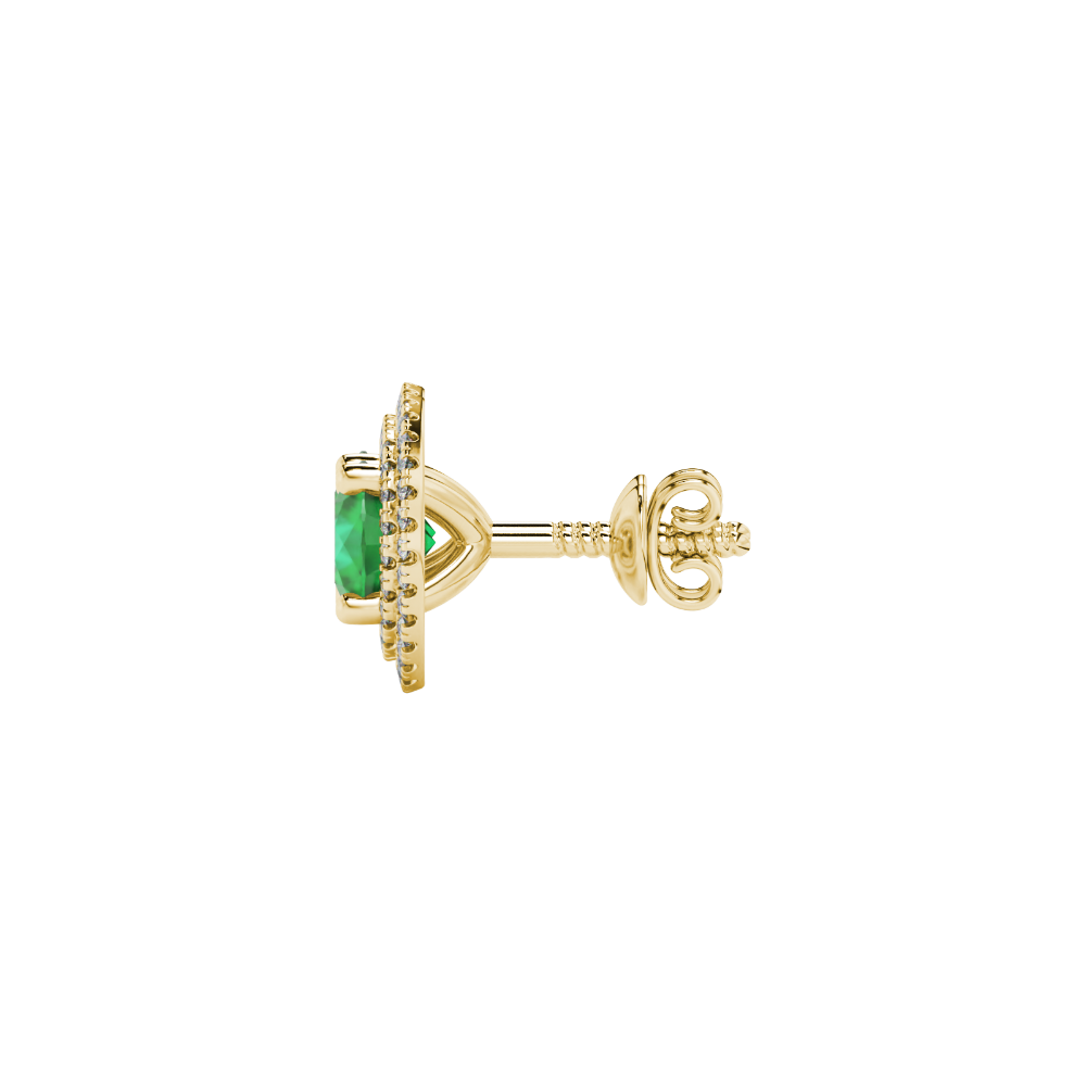 Side profile of yellow gold emerald green gemstone stud earrings with a falling edge halo design.