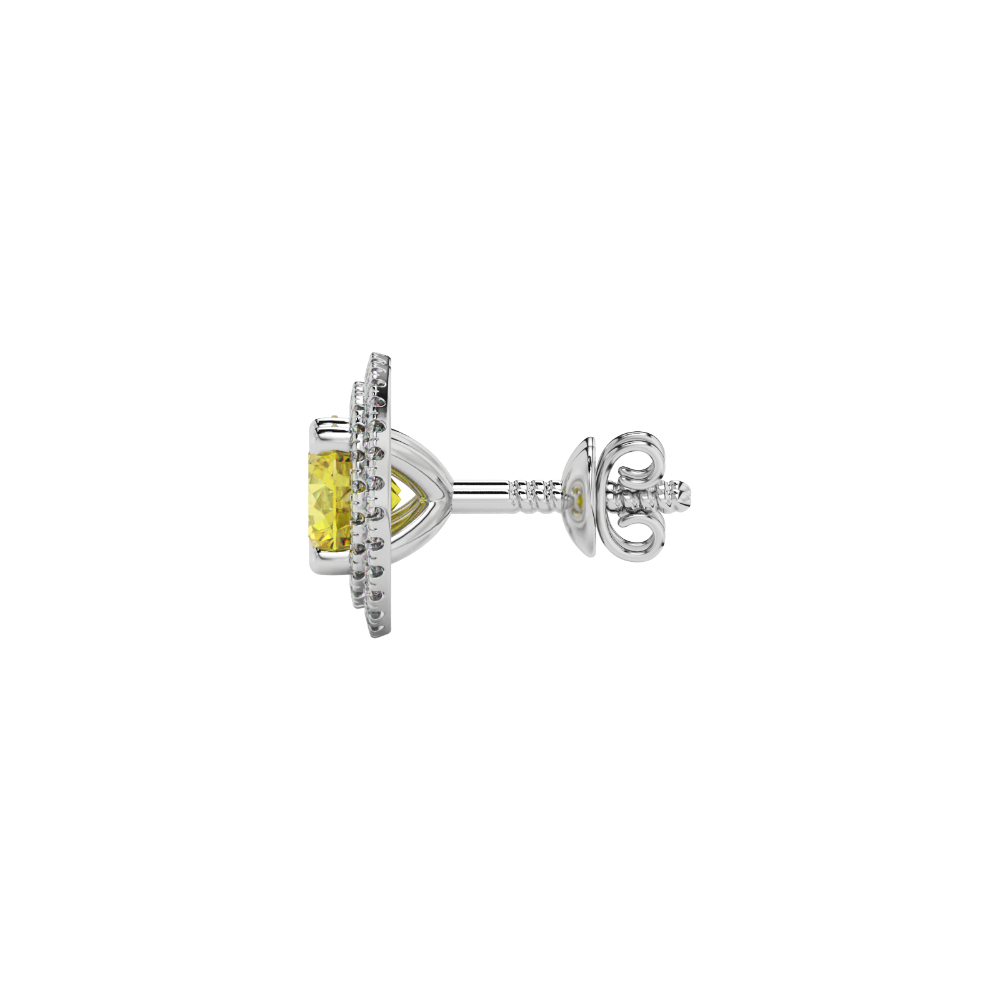 Side profile of white gold canary yellow gemstone earrings showing the brilliant falling edge halo design