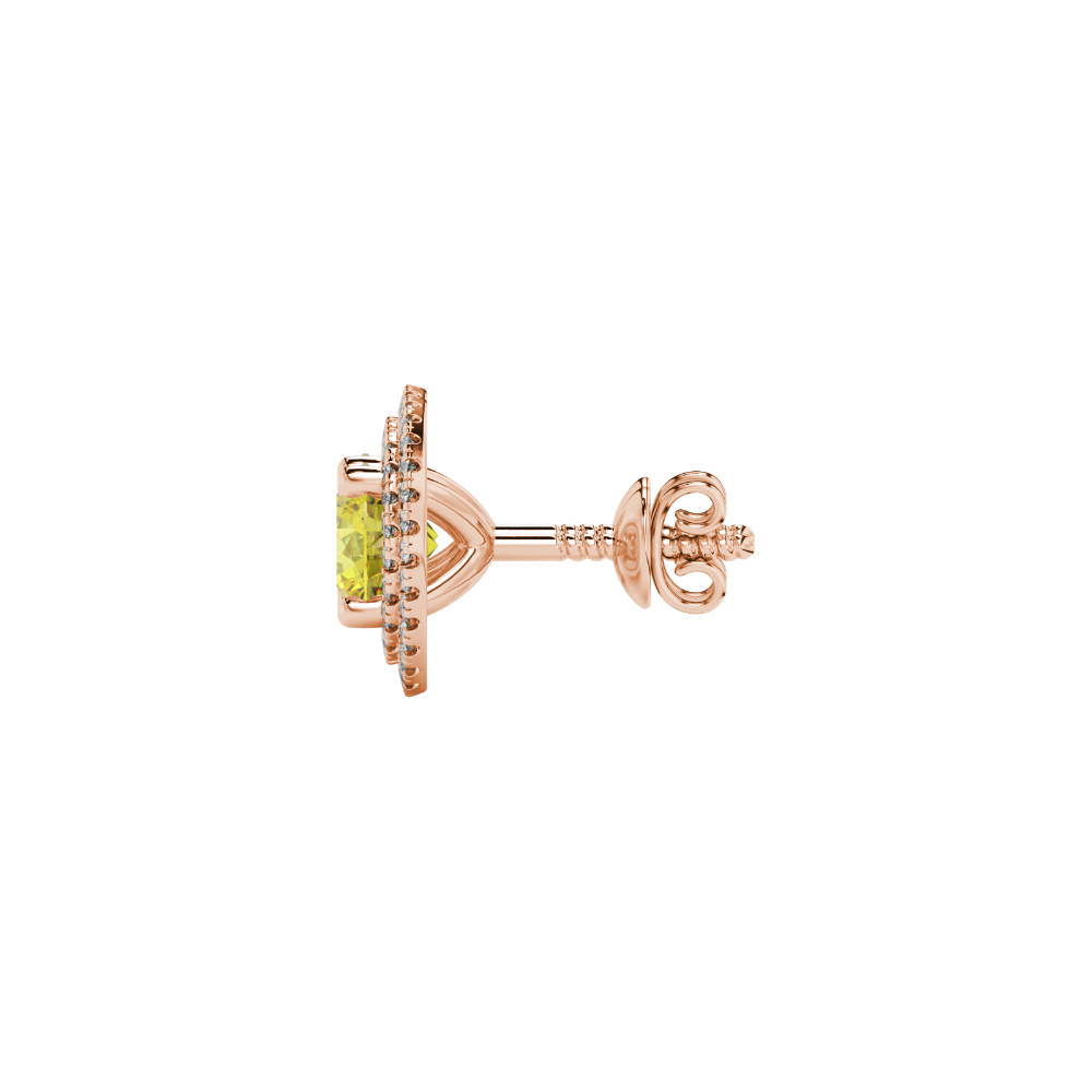 Side view of rose gold canary yellow gemstone stud earrings highlighting the falling edge halo.