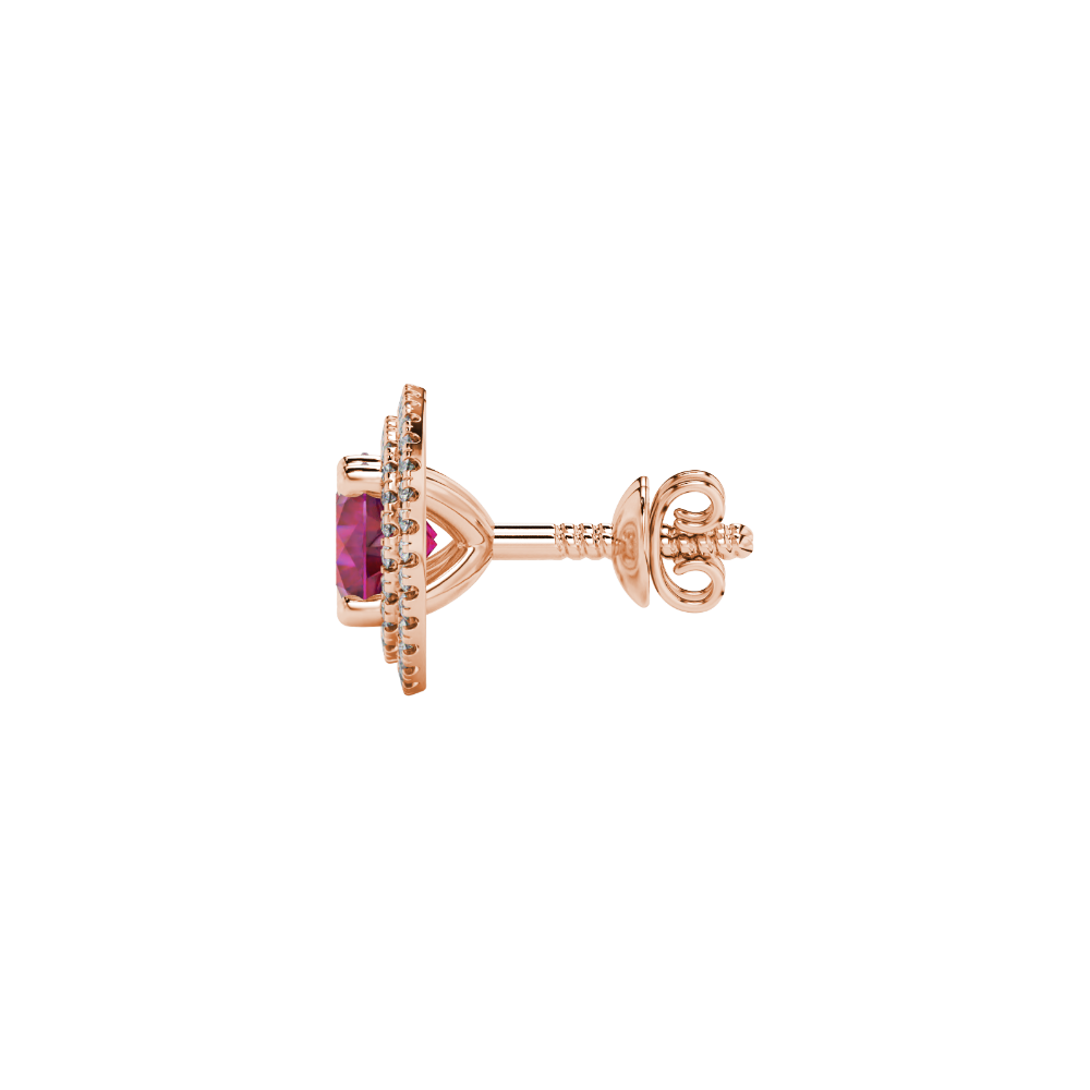 Side profile of rose gold raspberry red gemstone earrings showcasing the falling edge halo design.
