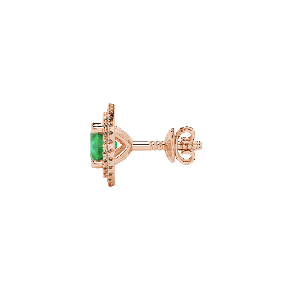 Side angle of rose gold emerald green gemstone earrings showcasing the falling edge halo gallery.