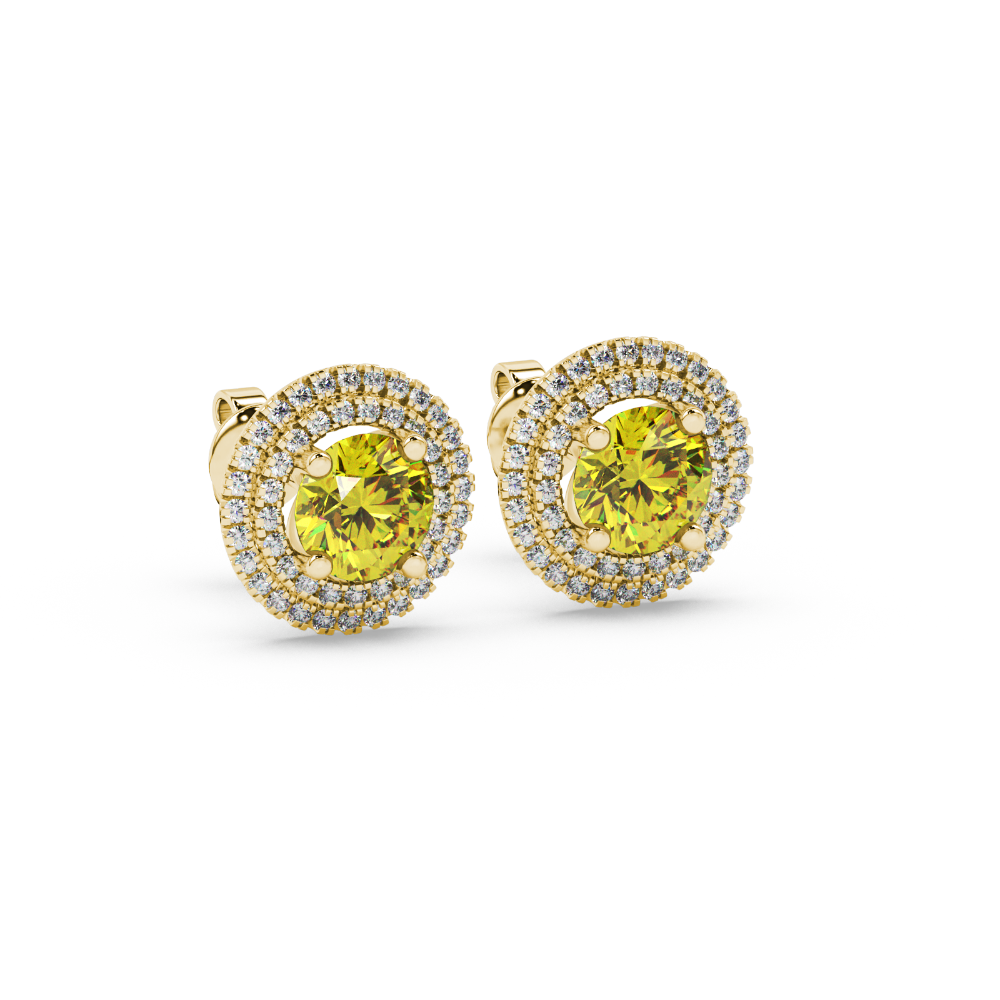 Round-cut canary yellow gemstone stud earrings in a yellow gold falling edge halo diamond setting.