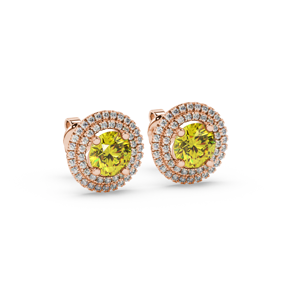 Round-cut canary yellow gemstone stud earrings in a rose gold falling edge halo diamond setting
