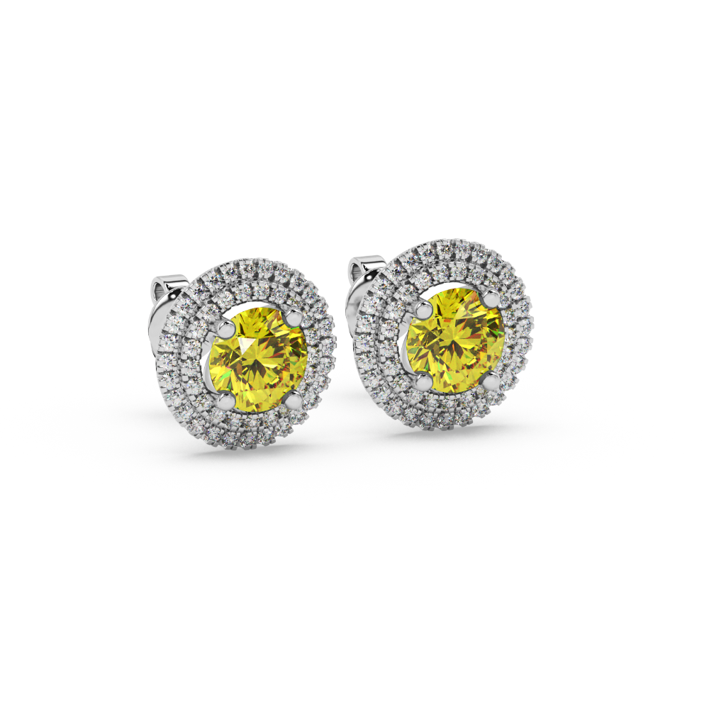 Round-cut canary yellow gemstone stud earrings in a white gold falling edge halo diamond setting.
