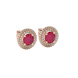 Round-cut raspberry red gemstone stud earrings in a rose gold falling edge halo diamond setting
