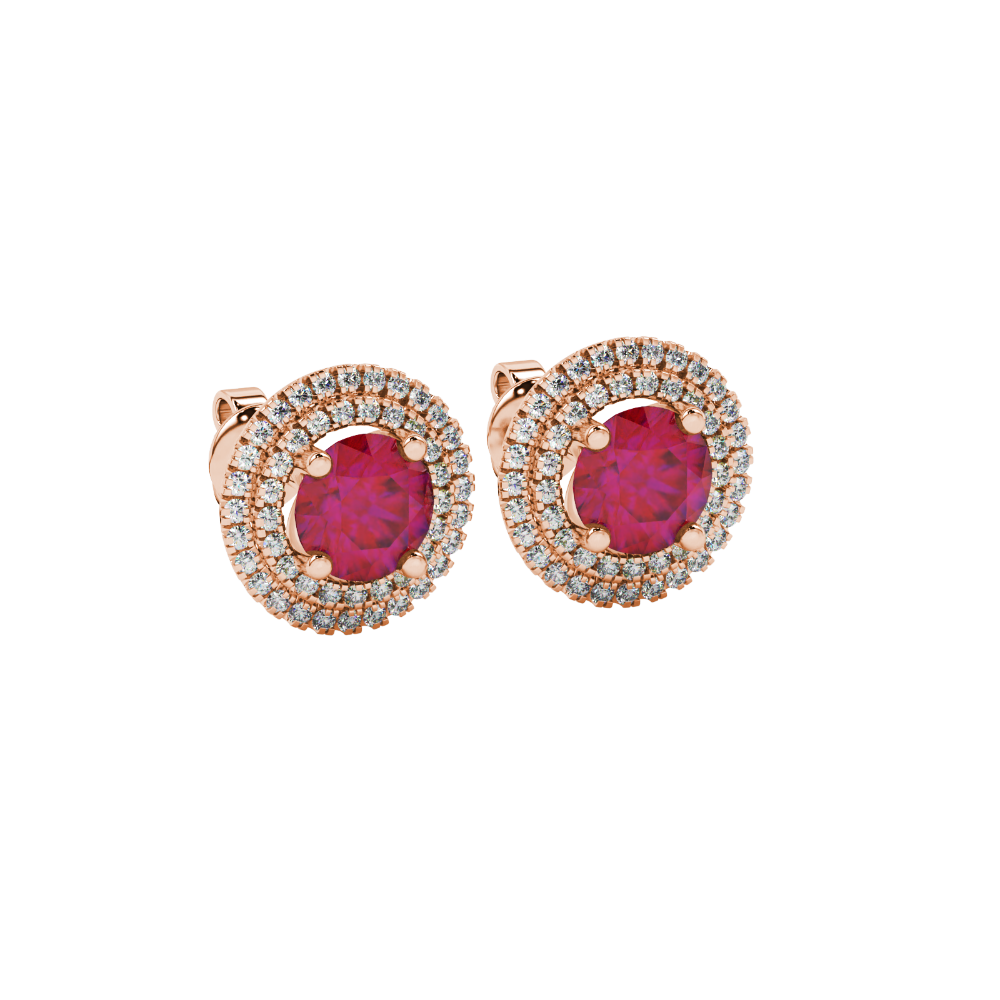 Round-cut raspberry red gemstone stud earrings in a rose gold falling edge halo diamond setting