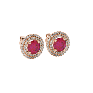 raspberry red gemstone double halo stud earrings in rose gold