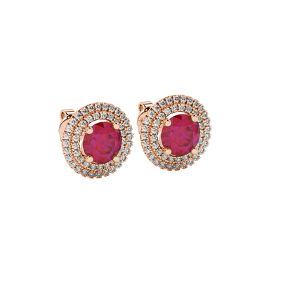 raspberry red gemstone double halo stud earrings in rose gold