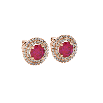 Round-cut raspberry red gemstone stud earrings in a rose gold falling edge halo diamond setting