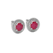 Round-cut raspberry red gemstone stud earrings in a white gold falling edge halo diamond setting.
