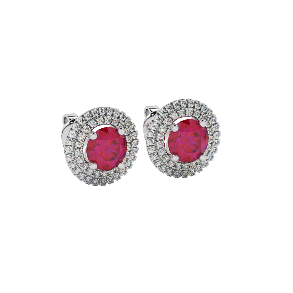 Round-cut raspberry red gemstone stud earrings in a white gold falling edge halo diamond setting.