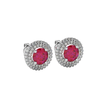 raspberry red gemstone double halo stud earrings in white gold