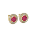 Round-cut raspberry red gemstone stud earrings in a yellow gold falling edge halo diamond setting.