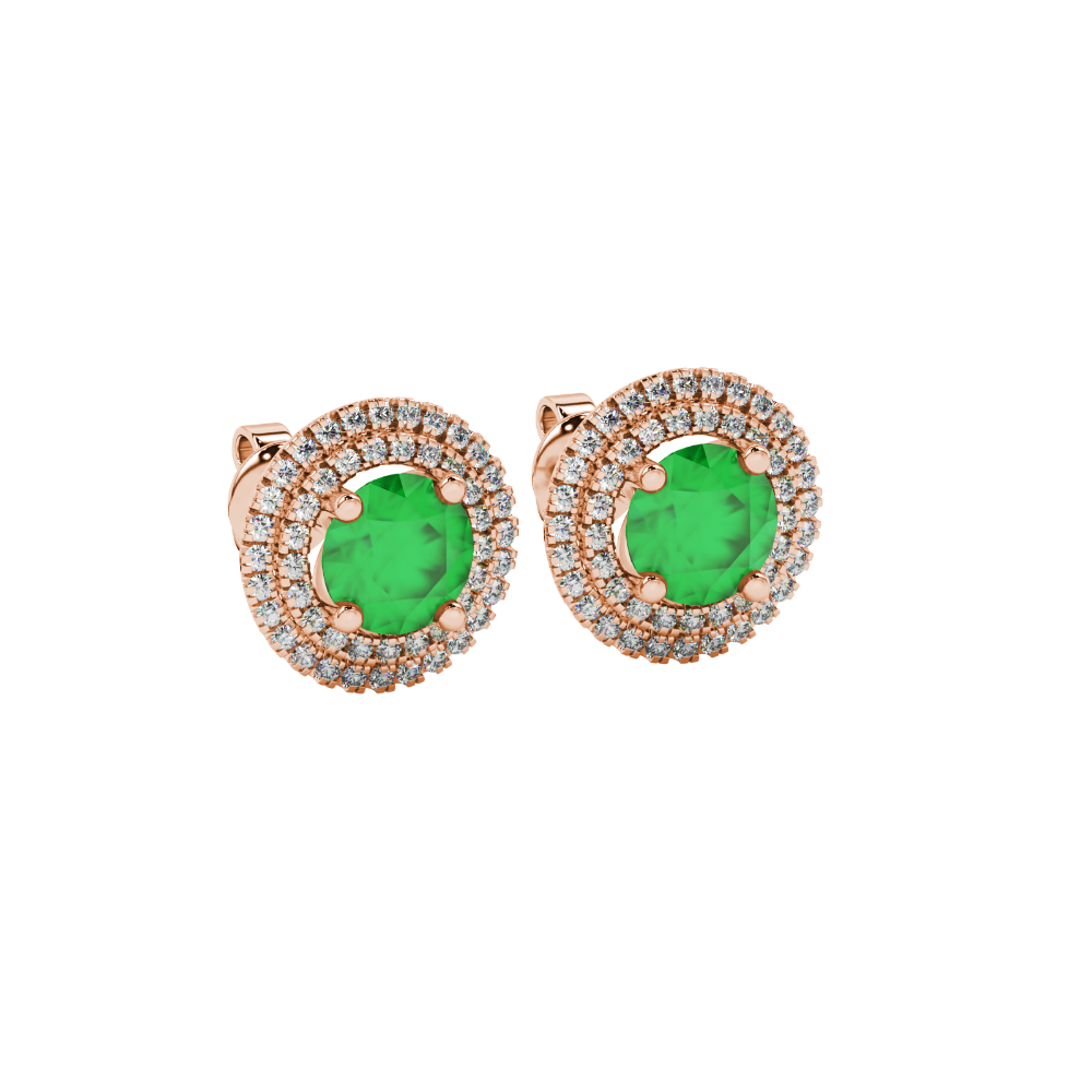 Round-cut emerald green gemstone stud earrings in a rose gold falling edge halo diamond setting.