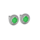 Round-cut emerald green gemstone stud earrings in a white gold falling edge halo diamond setting.