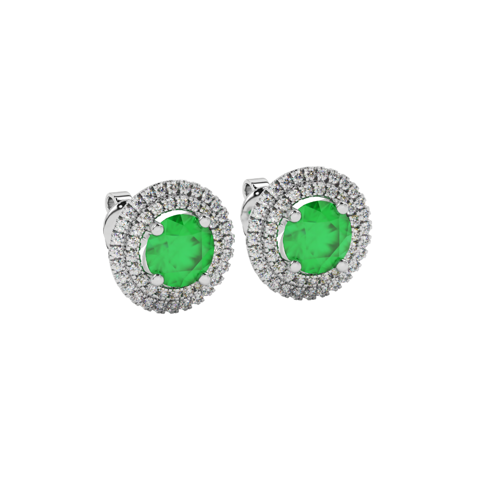 Round-cut emerald green gemstone stud earrings in a white gold falling edge halo diamond setting.