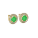 Round-cut emerald green gemstone stud earrings in a yellow gold falling edge halo diamond setting.