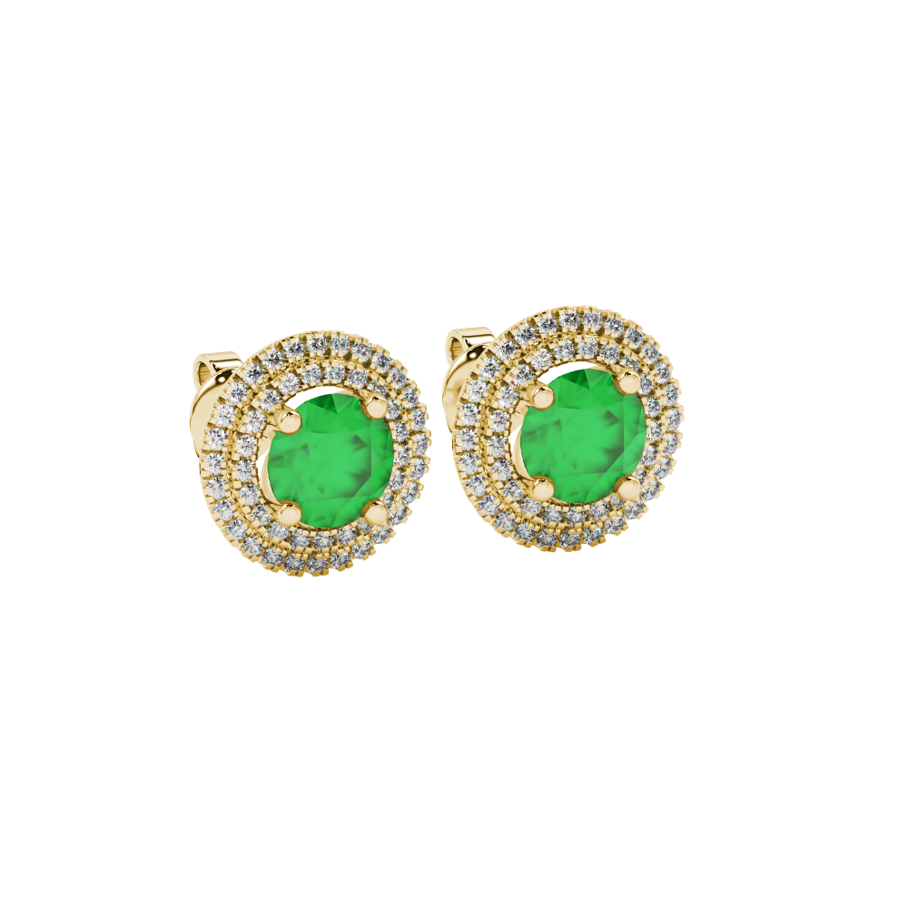 Round-cut emerald green gemstone stud earrings in a yellow gold falling edge halo diamond setting.