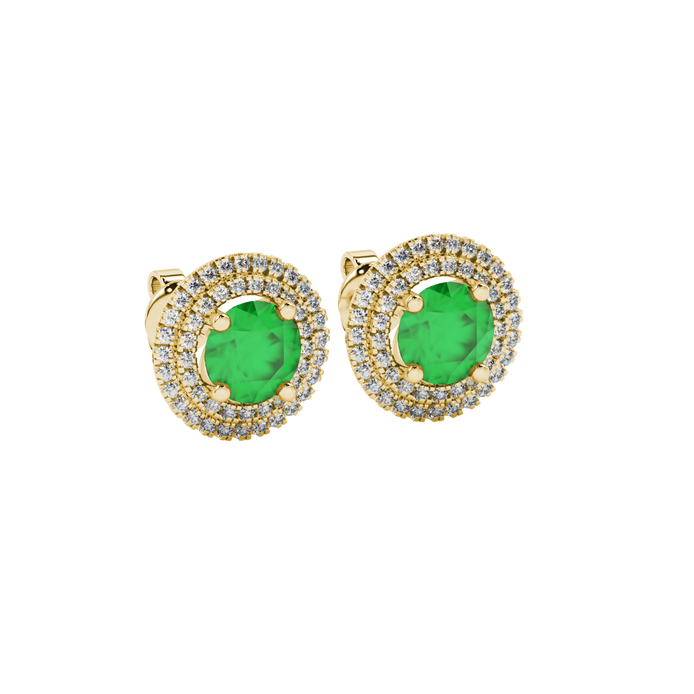 Round-cut emerald green gemstone stud earrings in a yellow gold falling edge halo diamond setting.