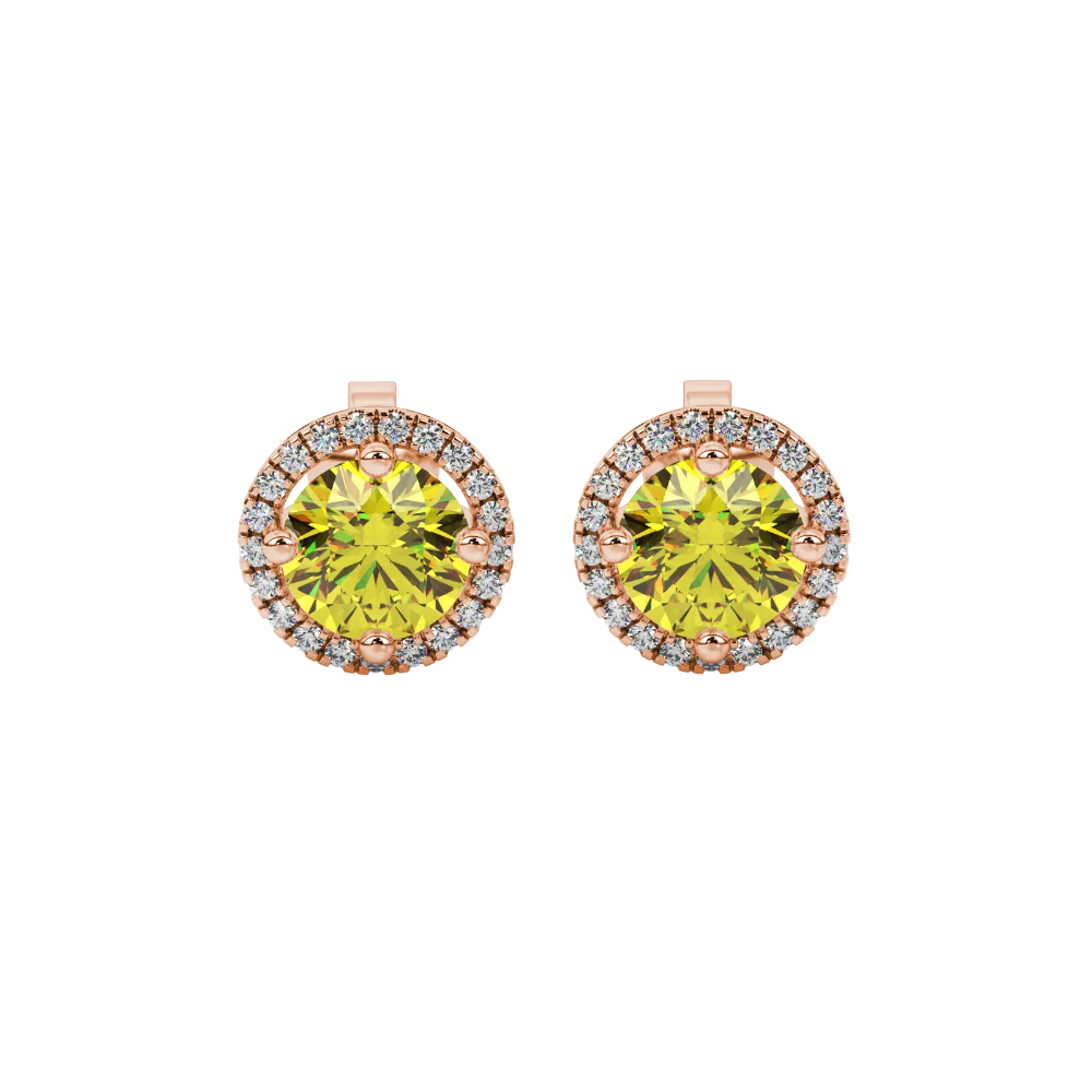 Round-cut canary yellow gemstone stud earrings in a rose gold French pavé halo diamond setting.