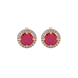Round-cut raspberry red gemstone stud earrings in a rose gold French pavé halo diamond setting.