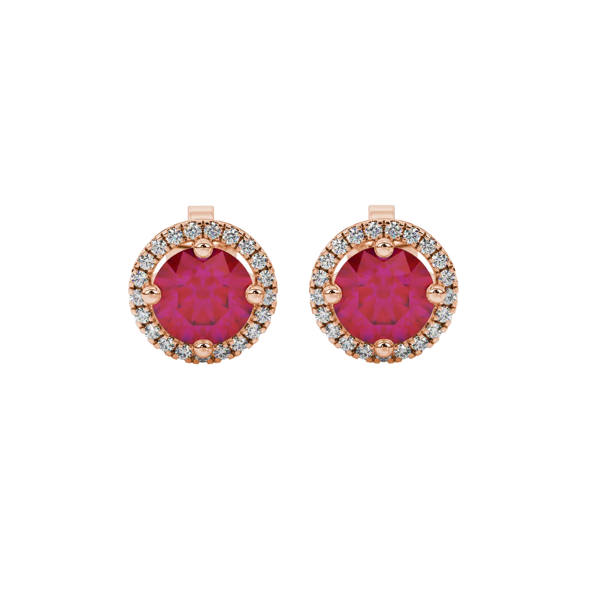Round-cut raspberry red gemstone stud earrings in a rose gold French pavé halo diamond setting.