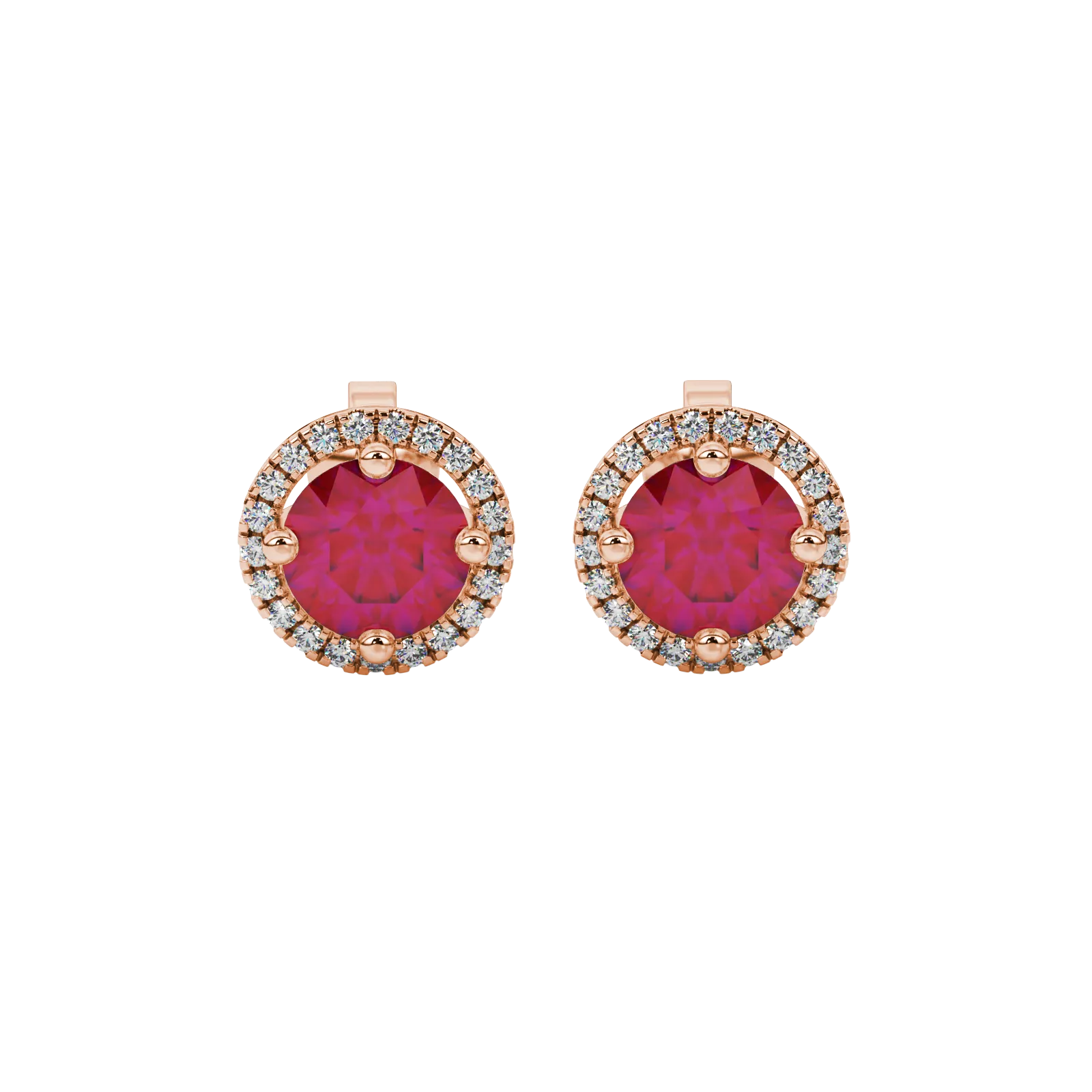 Round-cut raspberry red gemstone stud earrings in a rose gold French pavé halo diamond setting.