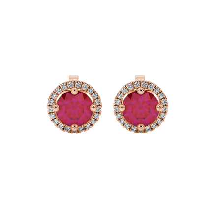 Round-cut raspberry red gemstone stud earrings in a rose gold French pavé halo diamond setting.