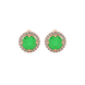 Round-cut emerald green gemstone stud earrings in a rose gold French pavé halo diamond setting.