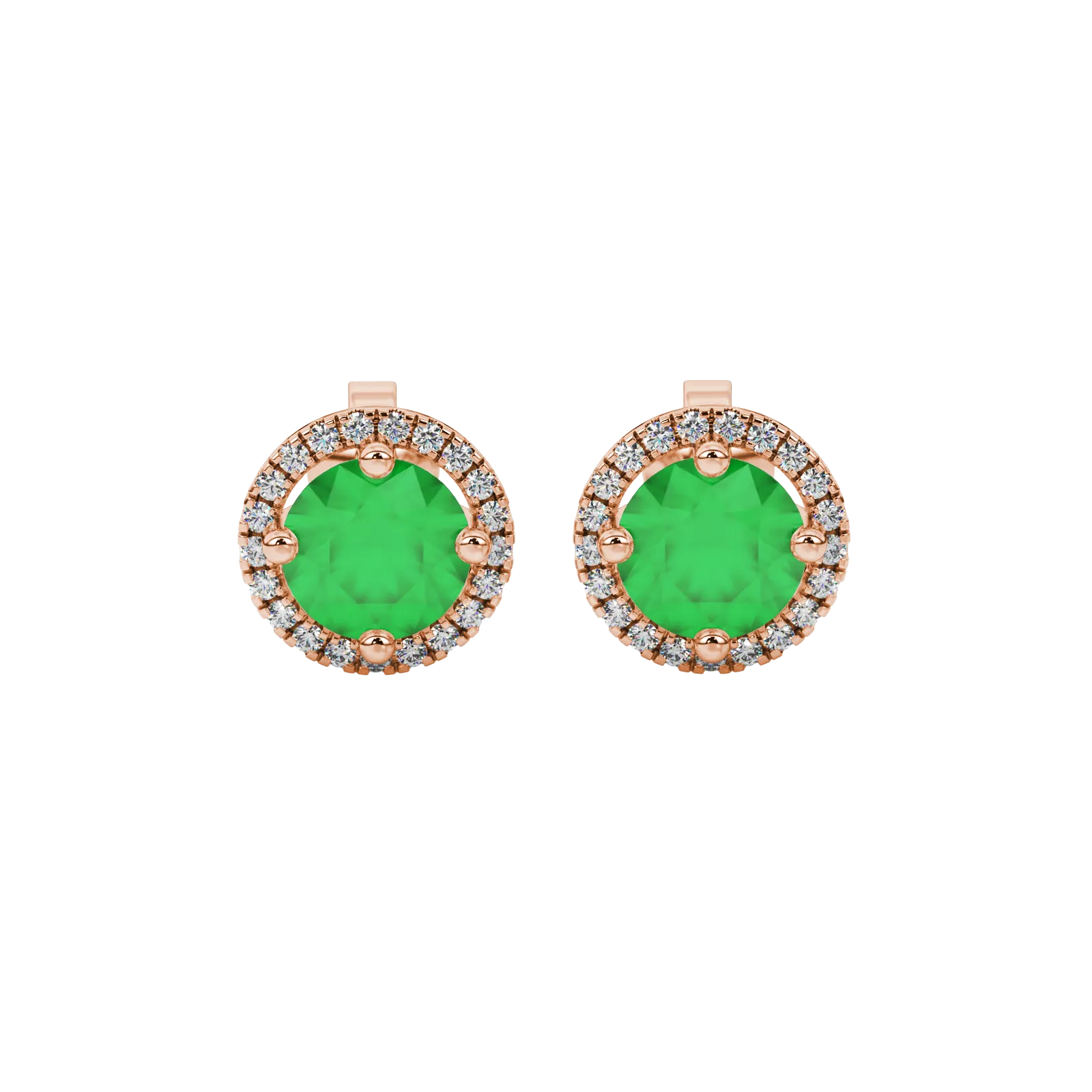 Round-cut emerald green gemstone stud earrings in a rose gold French pavé halo diamond setting.