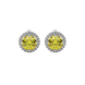 Round-cut canary yellow gemstone stud earrings in a white gold French pavé halo diamond setting.
