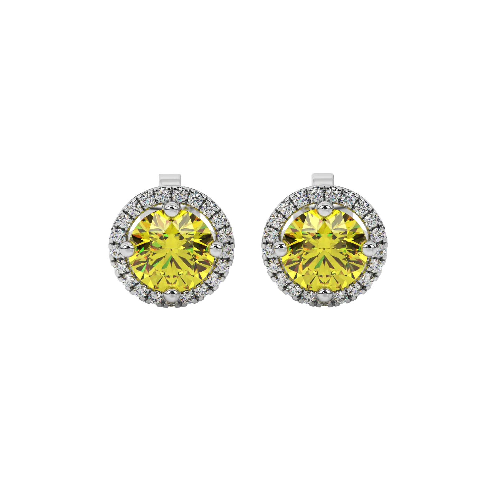 Round-cut canary yellow gemstone stud earrings in a white gold French pavé halo diamond setting.