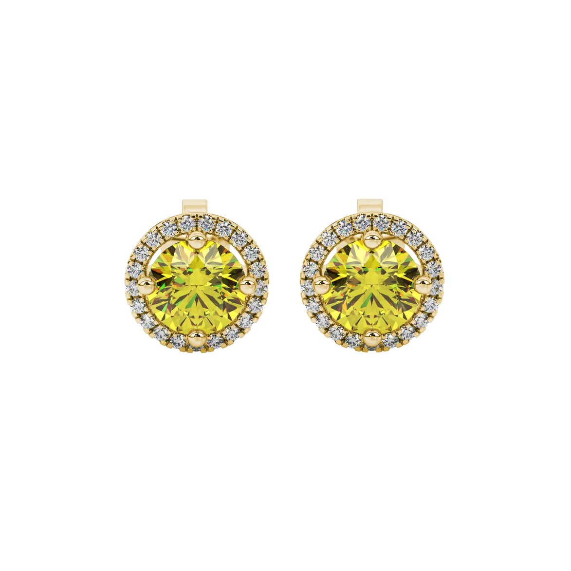 Round-cut canary yellow gemstone stud earrings in a yellow gold French pavé halo diamond setting.