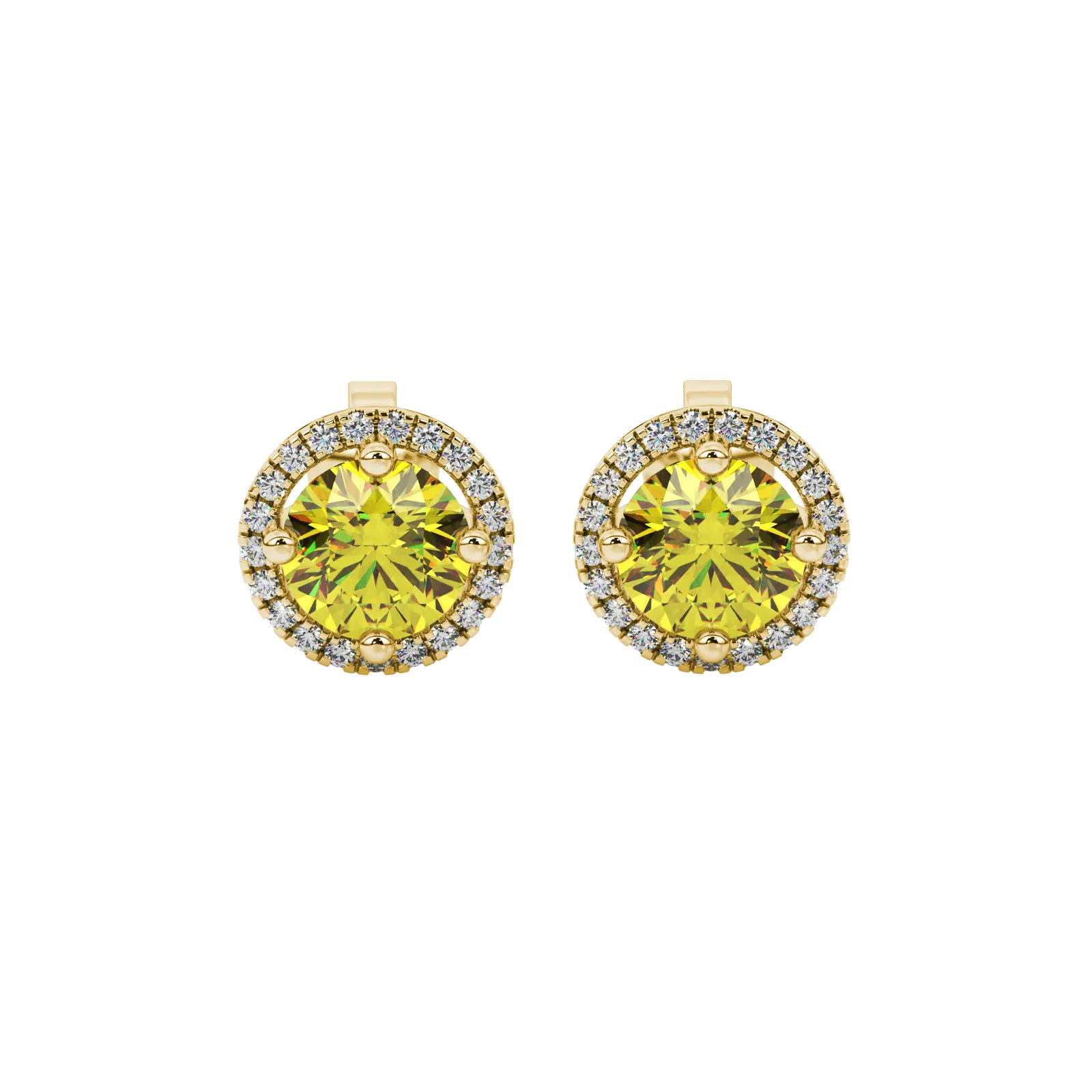 Round-cut canary yellow gemstone stud earrings in a yellow gold French pavé halo diamond setting.