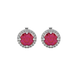 Round-cut raspberry red gemstone stud earrings in a white gold French pavé halo diamond setting.