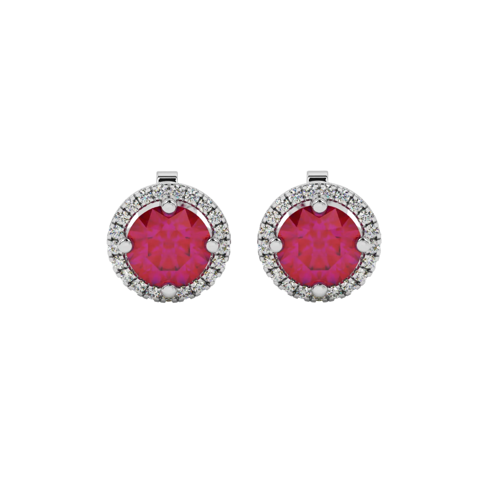 Round-cut raspberry red gemstone stud earrings in a white gold French pavé halo diamond setting.