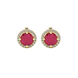 Round-cut raspberry red gemstone stud earrings in a yellow gold French pavé halo diamond setting.