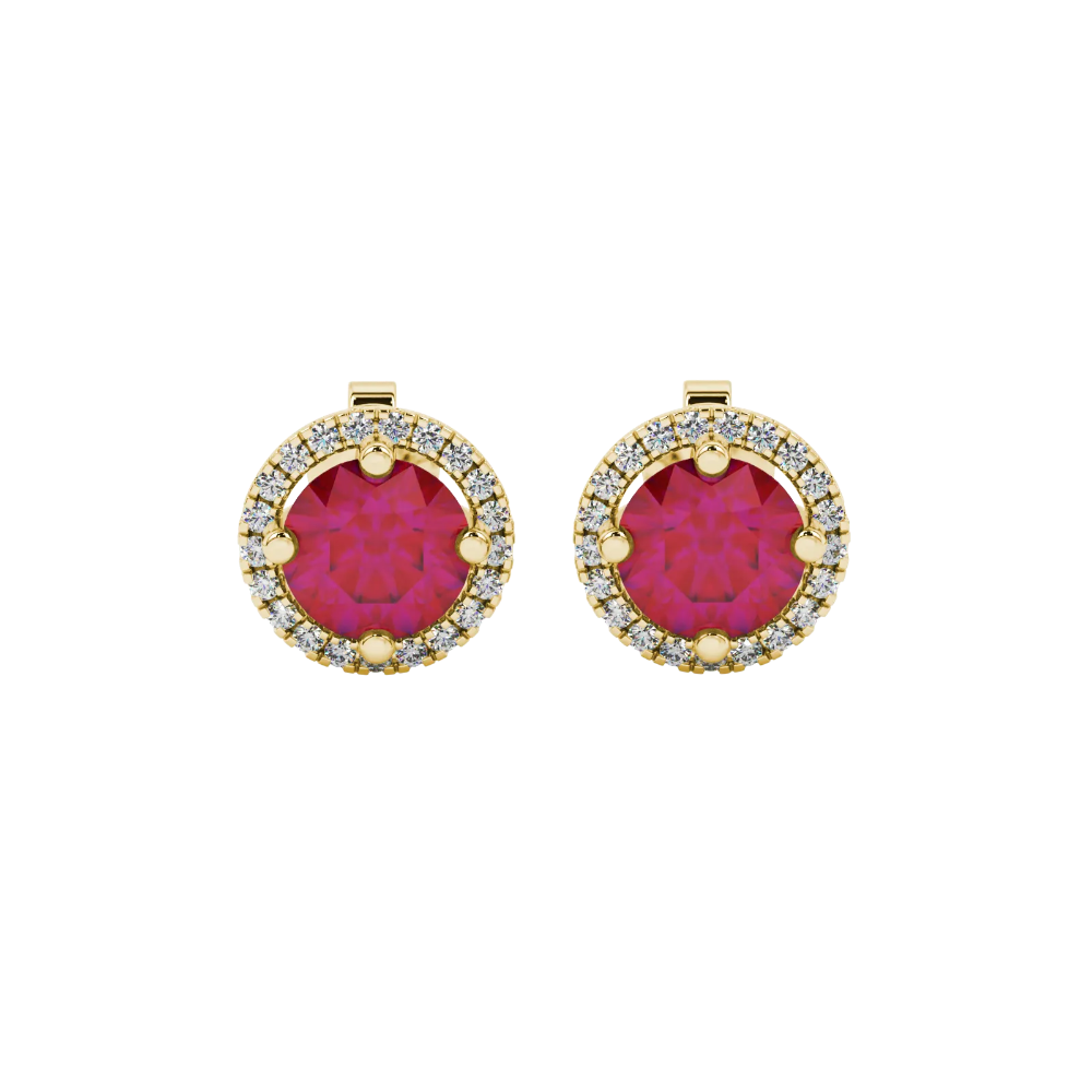 Round-cut raspberry red gemstone stud earrings in a yellow gold French pavé halo diamond setting.