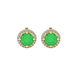 Round-cut emerald green gemstone stud earrings in a yellow gold French pavé halo diamond setting.
