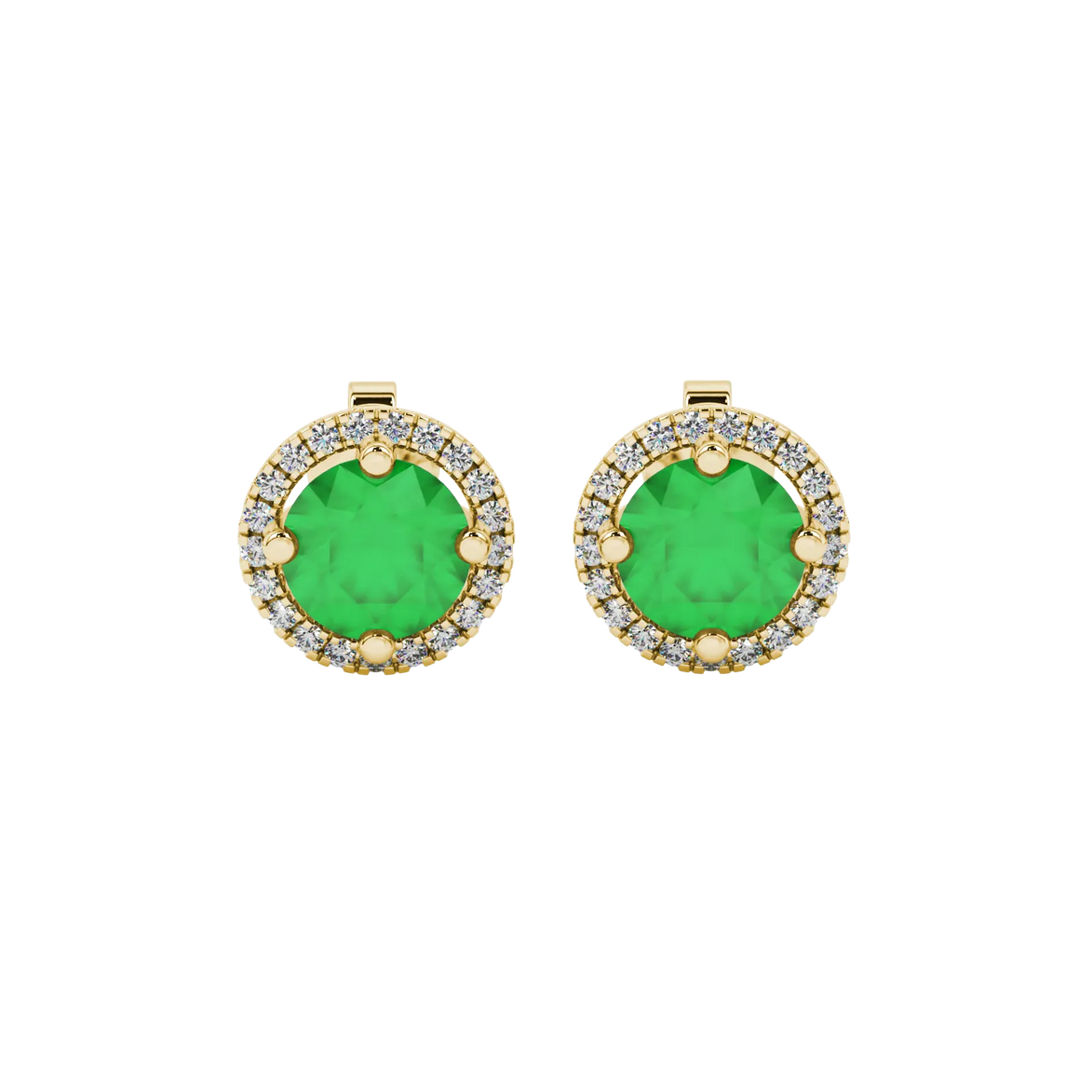 Round-cut emerald green gemstone stud earrings in a yellow gold French pavé halo diamond setting.