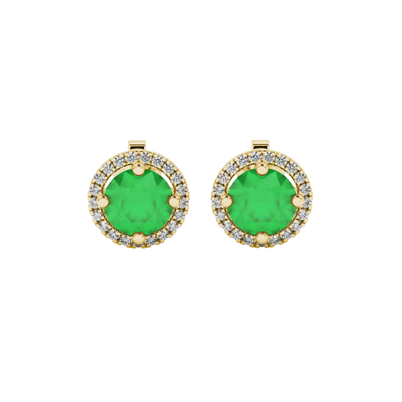 Round-cut emerald green gemstone stud earrings in a yellow gold French pavé halo diamond setting.