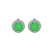 Round-cut emerald green gemstone stud earrings in a white gold French pavé halo diamond setting.