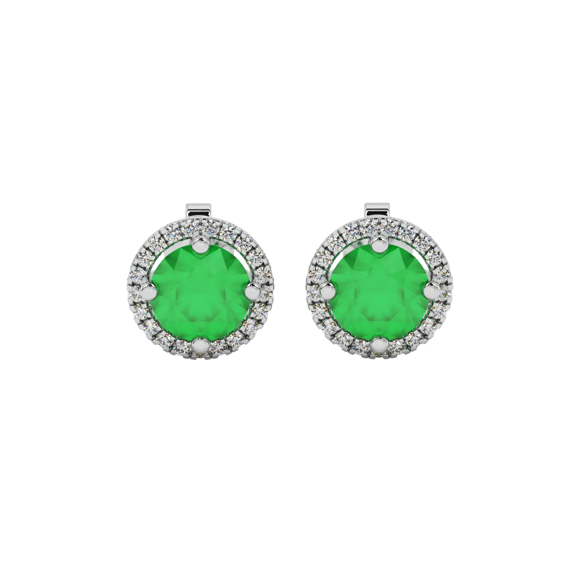 Round-cut emerald green gemstone stud earrings in a white gold French pavé halo diamond setting.
