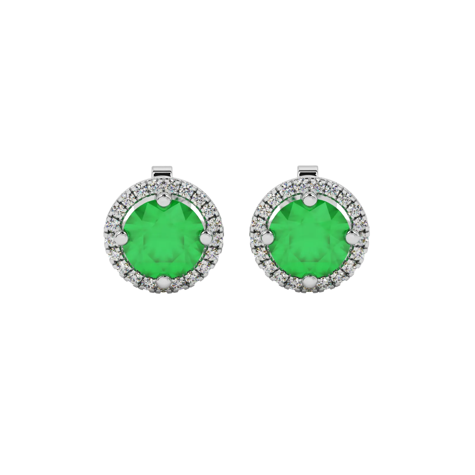 Round-cut emerald green gemstone stud earrings in a white gold French pavé halo diamond setting.