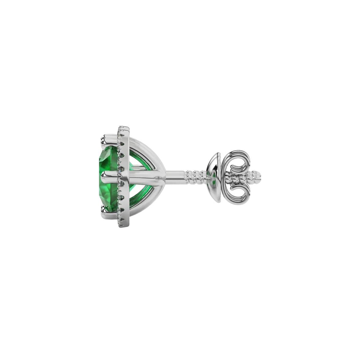 Side view of white gold emerald green gemstone stud earrings featuring a brilliant French pavé halo.