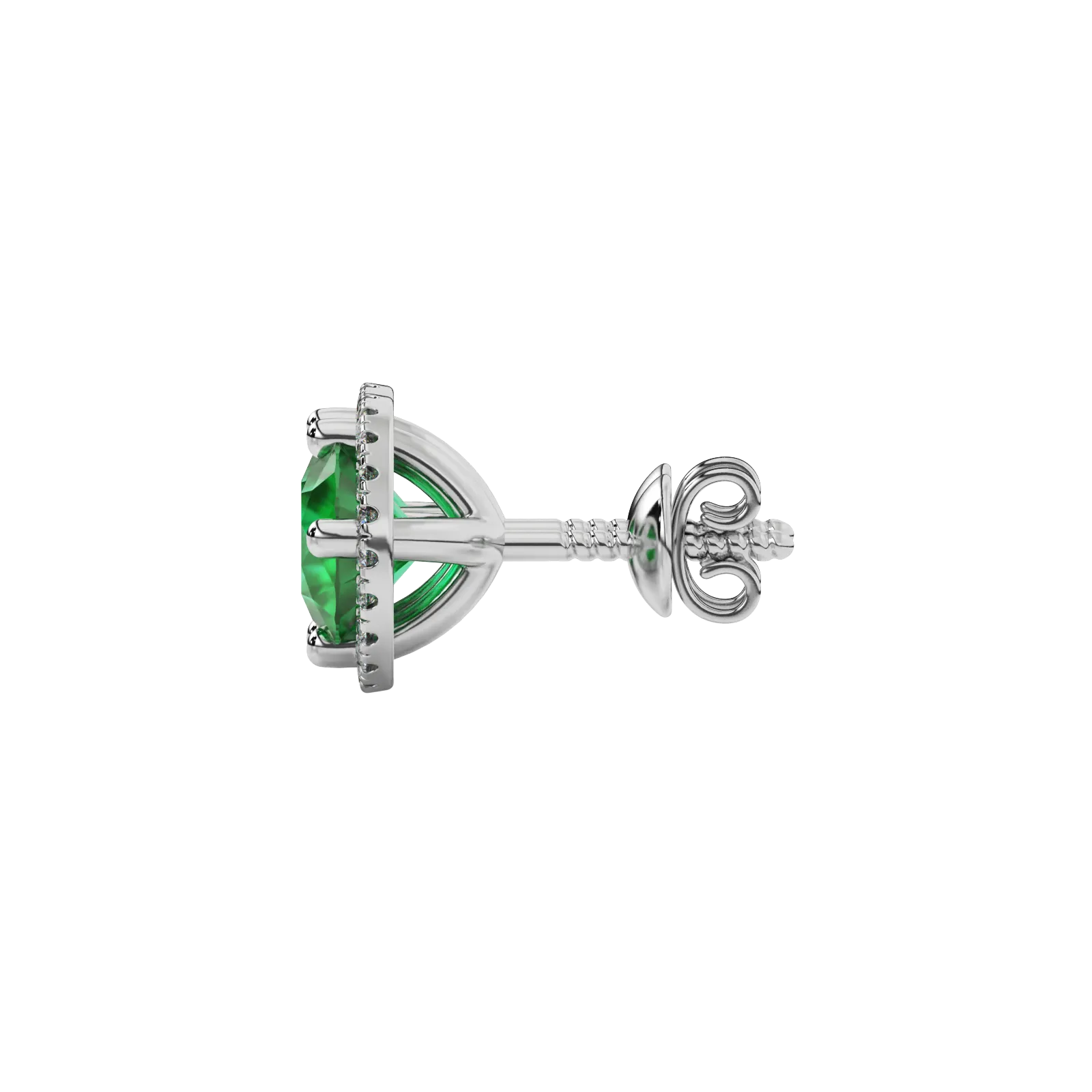 Side view of white gold emerald green gemstone stud earrings featuring a brilliant French pavé halo.