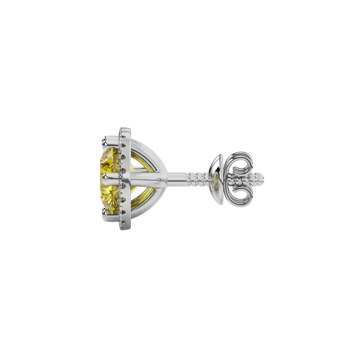 Side profile of white gold canary yellow gemstone earrings showing the brilliant French pavé halo design.