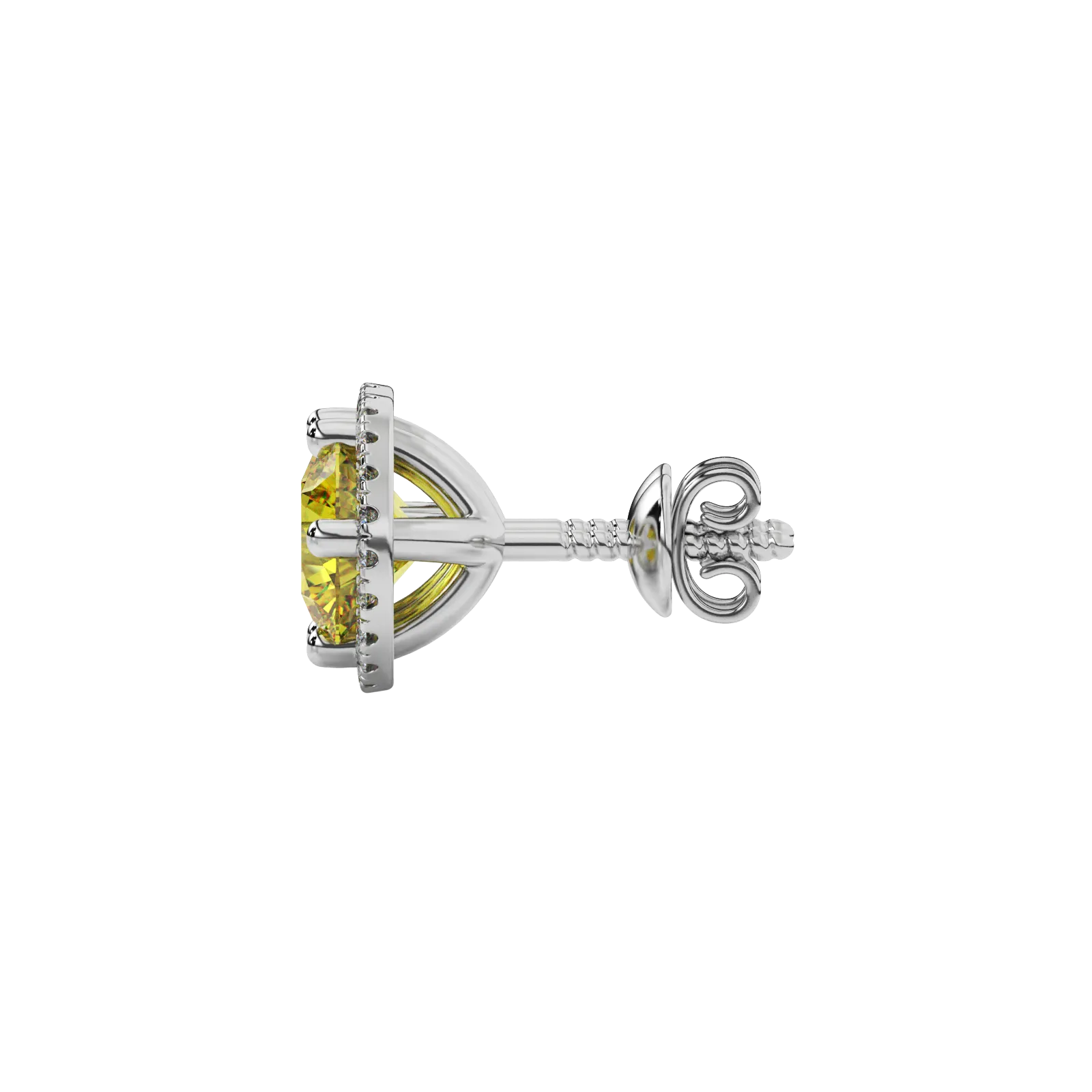 Side profile of white gold canary yellow gemstone earrings showing the brilliant French pavé halo design.